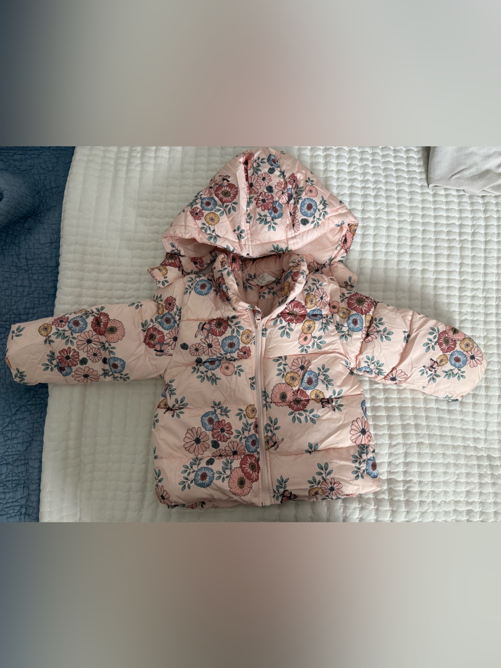 H&M Light Pink Floral Puffer Jacket with Hood